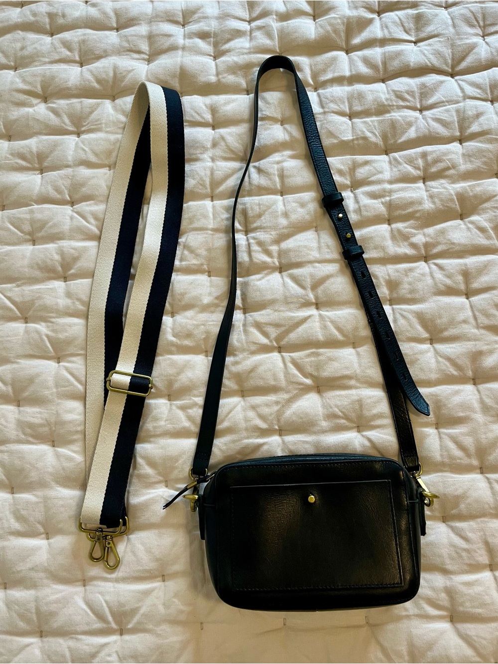 Madewell Transport Camera Black Leather Crossbody with Extra Stripe Strap